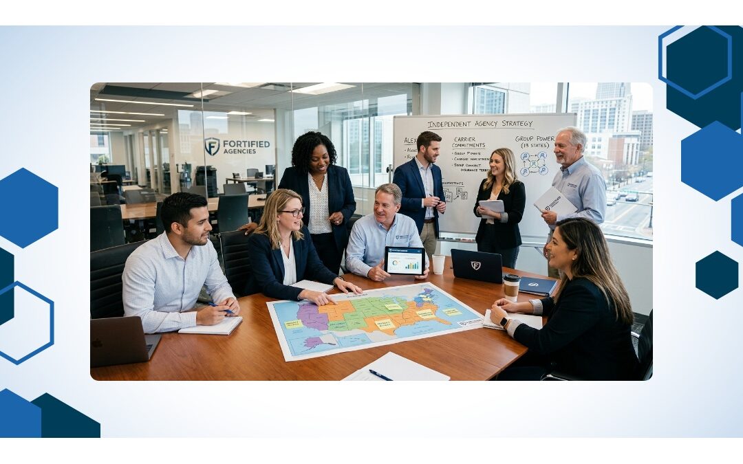 A diverse team of professionals collaborates around a conference table, reviewing a map of the United States and a tablet displaying data charts - www.fortifiedagencies.com